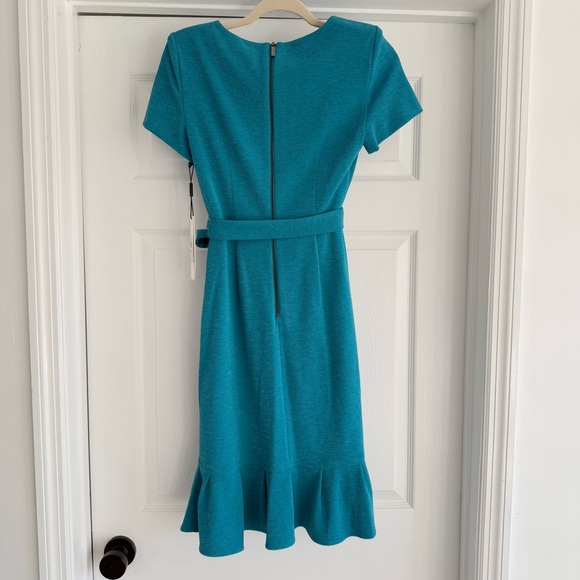 NWT CALVIN KLEIN Metallic Teal Short Sleeve Ruffle Hem Belted Short Dress 4 - Picture 3 of 12